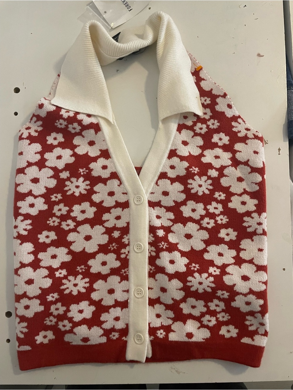 Forever 21 Red & White Floral Knit Button-Up Halter Tank
